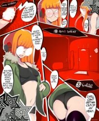 1girls absurd_res ass atlus big_ass blush breasts comic female glasses high_resolution long_hair minishorts nipple_bulge orange_hair persona persona_5 sakura_futaba shorts speech_bubble text thick_thighs thighhighs thighs tight_clothing twodust uncensored