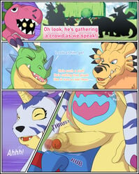 animal_skin anthro bandai_namco belly digimon digimon_(species) erection extyrannomon foreskin gabumon genitals grinding group hi_res horn humanoid_genitalia humanoid_penis male moan penis plushie plushophilia shadowpelt slightly_chubby weregarurumon