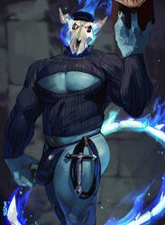 2021 anthro black_sclera blue_body blue_fire book bulge burning claws clothing colored_fire demon detailed_bulge digital_media_(artwork) finger_claws fire hat headgear headwear hi_res keyhole_clothing looking_at_viewer male male_focus male_only muscular muscular_anthro muscular_male mystikfox61 pecs skull_head solo whip white_eyes