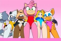 5girls aerobics_clothing ai_generated amy_rose bat_wings brown_fur cameltoe female female_only hands_on_hips human_female leotard long_tail low-angle_view maria_robotnik mobian_(species) mobian_bat mobian_hedgehog mobian_lemur mobian_wolf novelai pink_fur pussy pussy_lips rouge_the_bat seductive_look sega sonic_the_hedgehog_(archie) sonic_the_hedgehog_(comics) sonic_the_hedgehog_(idw) sonic_the_hedgehog_(series) striped_tail tangle_the_lemur whisper_the_wolf white_fur yellow_hair
