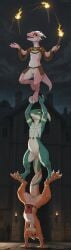 2025 3_toes 3girls 3wolfmondaisdg_(model) 4_fingers absurd_res acrobatics ai_generated anklet anthro armband arrow_sign balancing belt black_sclera bottomless bottomless_female bracelet casual_exposure clothed clothing countershading dancewear detailed_background director_name entwined_tails feet female female_anthro fingers furry genitals green_body green_scales group handstand happy hi_res horn jewelry juggling kobold kobold_(midria) looking_up medieval mostly_nude mostly_nude_female night on_one_leg orange_body orange_scales overland_kobold_(midria) pink_body pink_scales pussy scales scalie scarf short_stack smile standing tagme tail tail_coil terraraptor toes torch town translucent translucent_clothing trio upside-down ventral_scales white_body white_countershading white_horn world_of_midria yellow_eyes