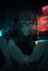 ahoge behind-the-head_headphones black_thighhighs canine censored chair cum cum_in_pussy cum_inside dark dildo female glasses headphones indoors knot long_hair long_sleeves mosaic_censoring orange_hair persona persona_5 sakura_futaba sex_toy shirt smile thighhighs zoophilia