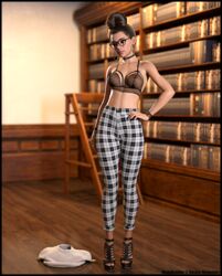 1girls 3d bra choker clothed clothing earrings female female_only high_heels hoop_earrings indoors large_breasts library looking_at_viewer pants pinup plaid_pants riskybomber slushe_(website) solo solo_female standing