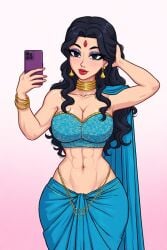 abs ai_generated bangle bare_shoulders big_breasts bindi black_eyes black_hair blue_clothing cleavage earrings eyeshadow gold_jewelry hand_in_hair hourglass_figure indian indian_clothes indian_female jewelry light-skinned_female light_skin nail_polish navel phone playing_with_hair red_lipstick saree sari selfie simple_background slim_waist wide_hips