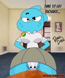 2d blue_body blue_fur cameltoe cartoon_network cat_ears cat_tail catgirl do_you_want_to_pet_my_cat_(meme) female female_only fully_clothed hand_on_hip labia_visible_through_clothing large_breasts large_thighs marker markings meme milf nicole_watterson pussy_juice pussy_on_table ronindraw tagme text the_amazing_world_of_gumball