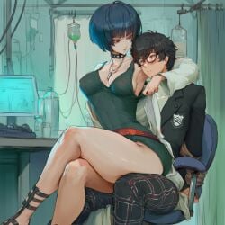 age_difference ai_generated blush braless choker couple femdom little_black_dress lucakp necklace office_chair older_female persona persona_5 pokies ren_amamiya sitting_on_chair sitting_on_lap sitting_on_person studded_choker tae_takemi tied_arms younger_male