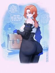 2girls ass ass_focus big_ass black_hair bloodlight_(nyantcha) blue_eyes breast_envy breasts commentary english_commentary english_text genderswap_(mtf) grabbing_own_ass highres huge_ass jealous large_breasts lazarus_(thiccwithaq) long_hair mikhail_(thiccwithaq) multiple_girls orange_hair original pantylines pointy_ears rule_63 scar scar_across_eye scar_on_face small_breasts speech_bubble text thiccwithaq underwear_outline