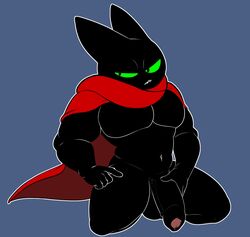 anthro balls black_body black_fur cape cartoon_network clothing domestic_cat felid feline felis flaccid foreskin fur genitals green_eyes hi_res male male_only mammal mao_mao:_heroes_of_pure_heart muscular muscular_anthro muscular_male navel palchamon pecs penis red_clothing sheriff_mao_mao_mao solo