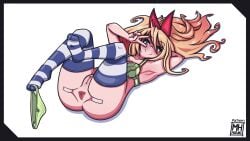 anal_focus anus anus_focus armpits blonde_hair blush bra clear_tape cute fanart kirisaki_chitoge kneehighs laying_on_back legs_up long_hair looking_at_viewer mh_mizuki nisekoi panties panties_around_one_leg presenting presenting_hindquarters presenting_pussy smile spread_anus spread_ass tape triangular_anus waifu