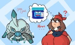 1boy 1girls 2d all_fours anthro anthro_on_human ass_out ass_up bandana before_sex big_ass big_balls big_breasts big_penis blue_body blue_eyes blue_hair blue_penis brown_hair clothed clothed_female clothed_female_nude_male container english_text female femboy furry furry_male glaceon guavagrunt hand_on_chin heart huge_ass huge_balls huge_breasts huge_cock human human_female inevitable_sex jack-o_pose male may_(pokemon) meme nipples_visible_through_clothing nude nude_male pokemon seductive seductive_eyes seductive_look seductive_smile sfx shirt simple_background smug smug_face tail text thick_thighs thighs thinking thought_bubble veiny_penis writing