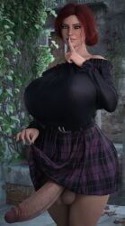 3d finger_on_lip finger_over_mouth futanari gigantic_breasts huge_breasts huge_cock mostly_clothed penis_under_clothes penis_under_skirt shushing skirt_lift stevencarson the_witcher_(series) the_witcher_3:_wild_hunt triss_merigold veiny_penis