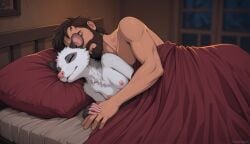 1boys 1girl 1girls 2025 ai_generated american_opossum anthro beard bed breasts chest_tuft detailed_background didelphid director_name duo facial_hair female female_anthro fluffy furniture furry hand_holding hi_res human human_on_anthro inside interspecies larger_male lying male male/female male_human mammal marsupial medieval nipples nude on_bed on_side opopi_(midria) red_blankets size_difference sleeping sleeping_together smaller_female spooning tagme terraraptor tuft under_blanket whiskers wholesome wholesome_content world_of_midria yiffymix_(model)