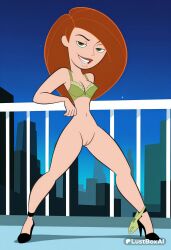 1girls ai_generated bottomless bra breasts brown_hair disney disney_channel female female_only green_bra green_eyes green_panties grin hi_res high_heels kim_possible kimberly_ann_possible long_hair looking_at_viewer lustboxai medium_breasts navel panties panties_around_one_leg pussy railing red_hair smile solo underwear