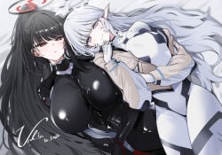 2girls absurdres black_bodysuit black_hair blue_archive blush bodysuit breasts bright_pupils closed_mouth commentary_request gloves halo highres himari_(armed)_(blue_archive) himari_(blue_archive) large_breasts long_hair looking_at_viewer lying multiple_girls official_alternate_costume on_back parted_lips pointy_ears ponytail red_eyes rio_(armed)_(blue_archive) rio_(blue_archive) smile white_gloves white_hair white_pupils yuki_(asayuki101)