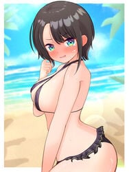 ass beach big_ass bikini black_hair blue_eyes blush breasts cleavage cosplay crying embarrassed hololive hololive_gen_2 hololive_japan large_breasts micro_bikini microskirt murasaki_shion_(cosplay) oozora_subaru open_mouth outdoors short_hair suica_koubou tomboy virtual_youtuber