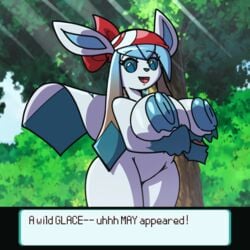 alternate_species animated bouncing_breasts female glaceon huge_ass huge_breasts itsover21 may_(pokemon) navel nipples plump pokémon_(species) pokegirl_as_pokemon pokemon sachasketchy