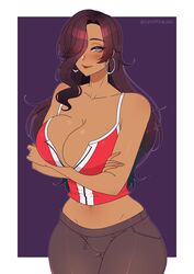 1girls bare_midriff blue_eyes breasts brown_hair cleavage collarbone crossed_arms cryptid_crab dark-skinned_female dark_skin earrings female_only hair_over_one_eye hoop_earrings large_breasts licking lips long_hair looking_at_viewer midriff original pants red_lips red_lipstick smile solo zipper