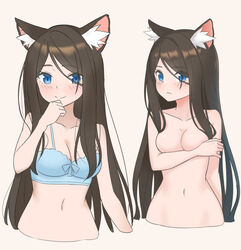 aina_(mao_lian) animal_ears blue_bra blue_eyes blush bra breasts brown_hair cat_ears cat_girl closed_mouth completely_nude female female grey_background hand_up long_hair looking_at_viewer mao_lian_(nekokao) medium_breasts multiple_views navel nude original slit_pupils smile underwear