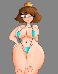 areola_slip ass big_breasts bikini blush blushing breasts brown_hair clash_(series) clash_royale crown female female_only freckles huge_ass huge_breasts legs nipple_bulge one-piece_swimsuit princess_(clash_royale) shiny shiny_skin solo solo_female supercell thick_thighs voluptuous voluptuous_female white_skin wink winking winking_at_viewer