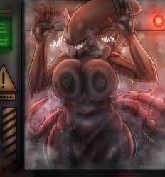 2022 alien alien_(franchise) big_breasts blood bodily_fluids breasts breasts_on_glass eyeless female female_xenomorph genitals hi_res nightmare_waifu nipples pussy sharp_teeth smagloosh solo sweat sweaty_breasts teeth text xenomorph