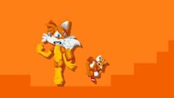 doll looking_at_penis nervous orange_background pixel_art sonic_(series) sonic_mania sweating tails tails_doll thighhighs