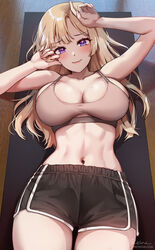 1girls 2020s 2021 abs arms_up blonde_hair blush bra breasts cleavage crop_top dolphin_shorts female female_focus female_only foxy_rain_(foxyreine) foxyrain_(foxyreine) foxyreine gym_shorts highres indoors large_breasts long_hair looking_at_viewer lying navel on_back original purple_eyes shorts smile solo solo_female sports_bra sportswear tank_top toned two_tone_bottomwear two_tone_bottomwear_(black&white) underwear watermark yoga_mat