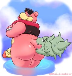 anthro anthrofied ass belly blep blush bottomless clothed clothing duo erection eyewear eyewear_on_head genitals kai_lionbear_(artist) male male_only nintendo penis pink_body pokémon_(species) pokemon pokemon_unite slightly_chubby slowbro sunglasses sunglasses_on_head tongue tongue_out training_style_slowbro vein veiny_penis video_games water