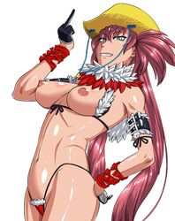 1girls areolae bare_arms bare_breasts bare_legs bare_midriff bare_shoulders bare_thighs belly_button big_breasts bra_down breasts busty cleavage cleft_of_venus cowboy_hat dhampir erect_nipples facing_viewer female female_focus female_only fit fit_female gloves green_eyes grin hand_on_hip hips inner_sideboob kagura_(oneechanbara) large_breasts long_hair looking_at_viewer middle_finger midriff mostly_nude nipples nude nude_female oneechanbara partially_clothed pink_hair plain_background shiny_hair shiny_skin sideboob simple_background tagme thong toned toned_female topless twintails vampire very_long_hair white_background wide_hips