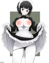 black_eyes black_hair black_panties blossom_hope blush breasts clothing exposed_breasts gloves looking_at_viewer maid maid_headdress medium_breasts panties short_hair skirt_lift tomi_washua watermark white_background white_gloves white_skin woomler