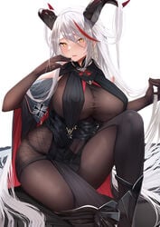 1girls 2021 absurdly_long_hair aegir_(azur_lane) azur_lane bangs black_legwear blush bodystocking breasts covered_navel earrings elbow_gloves eyebrows_visible_through_hair female female female_focus female_only gloves hair_on_horn highres horns huge_breasts jewelry kazuha_(saku_kn) knee_up long_hair looking_at_viewer multicolored_hair parted_lips red_hair silver_hair simple_background sitting solo solo_female streaked_hair taut_clothes thighs very_long_hair white_background