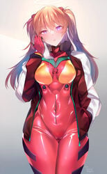 1girls absurdres asuka_langley_sohryu bodysuit bodysuit_and_jacket bodysuit_under_clothes breasts clothing covered_navel curvy female hairpods hands_in_pockets highres human interface_headset jacket light-skinned_female light_skin long_hair long_sleeves medium_breasts multicolored_bodysuit multicolored_clothes neon_genesis_evangelion open_clothes open_jacket orange_bodysuit orange_hair pilot_suit plugsuit purple_eyes rebuild_of_evangelion red_bodysuit red_jacket shiny shiny_clothes shiny_hair silly_(marinkomoe) solo standing track_jacket twintails two_side_up