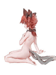 absurdres animal_ears blush bow braid cat_ears cat_tail covering covering_chest female hand_on_own_chest highres looking_down multiple_tails nekomata nude red_eyes red_hair reddizen rin_kaenbyou seiza sitting sketch solo tail touhou twin_braids white_background yokozuwari