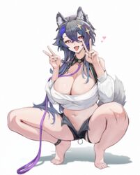 1girls 2021 :d ahoge animal_ear_fluff animal_ears ankleband asymmetrical_hair azur_lane bangs bare_shoulders barefoot black_shorts blush breasts chabenmus cleavage collarbone cropped_sweater cross_hair_ornament crossed_bangs detached_collar dog_ears dog_tail double_v eyebrows_visible_through_hair female female_focus female_only female_pubic_hair foch_(azur_lane) foch_(rainbow_rendezvous)_(azur_lane) full_body grey_hair hair_between_eyes hair_ornament hair_over_shoulder heart heart-shaped_pupils highres holster kemonomimi_mode large_breasts leash light-skinned_female light_skin long_hair looking_at_viewer multicolored_hair navel oerba_yun_fang off-shoulder_sweater off_shoulder official_alternate_costume open_clothes open_mouth open_shorts pubic_hair purple_hair red_eyes shadow shorts sidelocks simple_background skin_fang smile solo squatting stomach sweater symbol-shaped_pupils tail thigh_holster tongue tongue_out v vichya_dominion_(azur_lane) white_background white_sweater