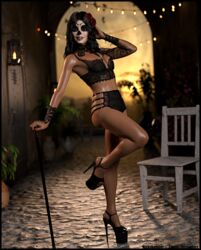 1girls 3d arm_tattoo black_hair bustier city_background curly_hair cute dark-skinned_female dark_skin dia_de_los_muertos female female_only high_heels leg_up lingerie long_hair looking_at_viewer medium_breasts one_leg_up outdoor outdoors outside pinup public riskybomber skull skull_face skull_face_paint slushe_(website) small_breasts smile solo solo_female standing street sugar_skull tattoo