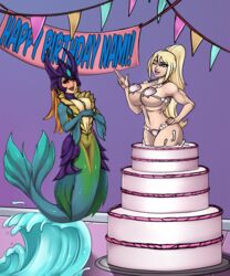 2021 alternate_version_available banner birthday birthday_cake commission eirhjien female_only league_of_legends marai mermaid metroid nami_(league_of_legends) pop_out_cake samus_aran seashell_bikini seashell_bra seashell_panties