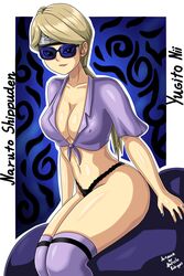 1girls black_eyes blonde_hair blue-tinted_eyewear character_name erect_nipples erect_nipples_under_clothes female female_only forehead_protector headband highleg highleg_panties kumogakure_symbol legwear light-skinned_female light_skin lipstick makeup midriff mostly_nude naruto naruto_(series) naruto_shippuden nii_yugito panties ponytail purple-tinted_eyewear revealing_clothes rodriguesd-marcelo shiny shiny_hair shiny_skin solo solo_focus sunglasses thighhighs tied_hair tied_shirt tinted_eyewear