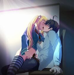 animated cocoa_yuwase female french_kiss grabbing_breasts kissing magicami_dx male penis riding stockings