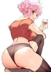 ass ass_focus bangs black_legwear breasts code_vein cup drinking_glass female female female_protagonist_(code_vein) from_behind looking_at_viewer looking_back midriff pink_hair popnmusic17 purple_eyes short_hair shot_glass simple_background solo spiked_hair thighhighs very_short_hair white_background