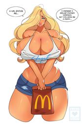 1girls areola_slip arm_under_breasts babie_fluff big_breasts bimbo bimbo_body bimbo_lips blonde_hair blue_eyes breasts breasts_bigger_than_head busty cleavage daisy_dukes daphne_(babie_fluff) denim_shorts dialogue_bubble english_text erect_nipples erect_nipples_under_clothes eyeshadow female female_focus hair_over_one_eye insecure lipstick long_hair makeup mcdonald's midriff nipple_bulge nipples_visible_through_clothing solo solo_female solo_focus speech_bubble text tiny_head vest voluptuous wavy_hair white_background wide_hips