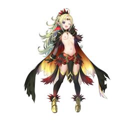 1girls absurdres ahoge alternate_costume bangs belt black_gloves blonde_hair blush cape commentary_request edit edited_official_artwork feather_trim feathers female_only fire_emblem fire_emblem_awakening fire_emblem_heroes flat_chest gloves gold_trim gradient gradient_clothes gradient_hair green_hair highres jewelry kousei_horiguchi long_hair looking_at_viewer midriff multicolored_hair multiple_belts navel nintendo nowi_(fire_emblem) nowi_(resplendent)_(fire_emblem) nude_filter official_alternate_costume official_art one_eye_closed open_mouth parted_bangs pelvic_curtain pointy_ears ponytail purple_eyes simple_background smile stomach tiara tied_hair tomthegenius64 white_background