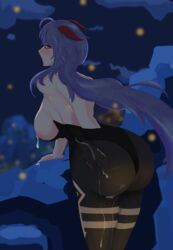 absurdres ass blue_hair blush breasts cum ganyu_(genshin_impact) genshin_impact goat_horns highres horns huge_ass lactation liyue male_pov night night_sky pantyhose purple_eyes sky