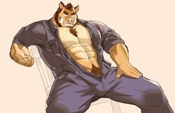 2019 abs anthro balls bara boar body_hair brown_hair bulge bulge_through_clothing clothing furry furry_only garret_(saltypoundcake) gay happy_trail looking_at_viewer male male_focus male_only muscles muscular muscular_male nose_piercing nose_ring overalls overalls_only pecs pectorals penis ring_piercing saltypoundcake spookeedoo suina sus_(pig) yellow_body yellow_skin