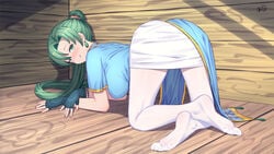 1girls :p all_fours alternate_version_available ass back back_view bare_arms big_ass breasts earrings feet female_only fingerless_gloves fire_emblem fire_emblem:_the_blazing_blade gloves green_eyes green_hair kneeling konishi_(565112307) licking_lips long_hair looking_at_viewer looking_back lyn_(fire_emblem) lyndis_(fire_emblem) medium_breasts nail_polish nintendo pantyhose pelvic_curtain ponytail red_nails smile solo tongue tongue_out very_long_hair