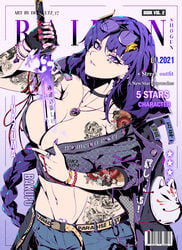 1girls breasts cleavage defaultz_17 female female_only genshin_impact large_breasts looking_at_viewer magazine_cover pubic_tattoo purple_eyes purple_hair raiden_shogun revealing_clothes skimpy solo tattoo tattooed_arm tattoos