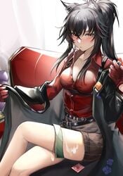 :o animal_ears arknights bangs belt black_coat black_hair blush breasts brown_shorts cleavage coat collared_shirt condom condom_wrapper crossed_legs cum cum_on_legs ear_piercing eyebrows_visible_through_hair feet_out_of_frame female gloves green_necktie hair_between_eyes highres long_hair long_sleeves looking_at_viewer medium_breasts necktie necktie_removed no_bra nose_blush off_shoulder official_alternate_costume open_clothes open_coat orange_eyes parted_lips partially_unbuttoned piercing ponytail red_gloves red_shirt shirt shorts simple_background solo striped striped_shorts tabayashi tabayashi texas_(arknights) texas_(willpower)_(arknights) underbust undressing v-shaped_eyebrows vertical-striped_shorts vertical_stripes very_long_hair white_background wolf_ears