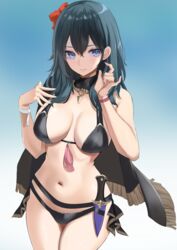 1girls alternate_costume bangs bikini black_bikini black_swimsuit blue_eyes breasts byleth_(fire_emblem) byleth_(fire_emblem)_(female) byleth_(summer)_(fire_emblem)_(female) cape closed_mouth commentary_request cowboy_shot dagger female fire_emblem fire_emblem:_three_houses fire_emblem_heroes flower green_hair hair_flower hair_ornament hands_up hibiscus holster holstered_weapon kesoshirou knife large_breasts long_hair medium_hair navel nintendo official_alternate_costume red_flower sideboob smile solo standing straight_hair swimsuit tassel teal_hair weapon