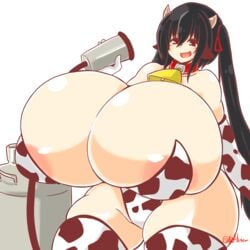 animal_ears animal_print areola_slip areolae artist_name ayazumi_flutter azur_lane bangs black_hair blush bow breasts cleavage collar collarbone cow_ears cow_girl cow_horns cow_print cow_print_thighhighs cowbell cowboy_shot crossed_bangs curvy detached_sleeves elbow_gloves female gigantic_breasts gloves hair_between_eyes hair_ribbon horns large_areolae leotard long_hair looking_down milking_machine open_mouth plump red_eyes ribbon shiny shiny_skin sidelocks skindentation smile solo strapless strapless_leotard taihou_(azur_lane) thick_thighs thighhighs thighs thunderthighs twintails very_long_hair white_background wide_hips