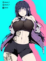 1girls big_breasts black_hair breasts brunette clothed defaultz_17 eyebrows_visible_through_hair female_only goth hotpants human hyuuga_hinata large_breasts long_hair looking_at_viewer naruto nipple_bulge nipples_visible_through_clothing pupilless_eyes revealing_clothes shy skimpy solo solo_female tattoo tattoos toned toned_belly toned_body toned_female toned_stomach