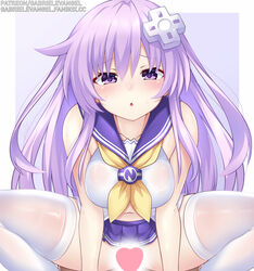 1boy babydoll bangs blush breasts censored commentary cowgirl_position directional_arrow_hair_ornament english_commentary eyebrows_visible_through_hair fanbox_username female gabriel_evangel hair_ornament heart heart_censor highres long_hair looking_at_viewer medium_breasts microskirt mixed-language_commentary navel nepgear neptunia_(series) no_panties patreon_username purple_eyes purple_hair reward_available sailor_collar school_uniform serafuku sex simple_background skirt squatting squatting_cowgirl_position straddling straight sweat thighhighs white_legwear