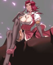 akiza_izinski black_garter_straps black_sleeves black_stockings brown_eyes choker collar female garter_straps high_heels holding_card huge_breasts izayoi_aki long_sleeves red_choker red_eyes red_high_heels shirt sleeves_past_elbows smile smiling tongue tongue_out uncensored yu-gi-oh! yu-gi-oh!_5d's yuu-gi-ou yuu-gi-ou_5d's